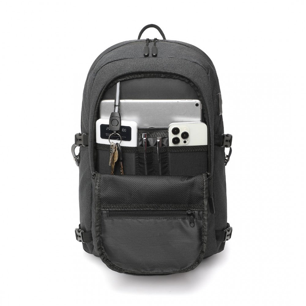 EM2347 - KONO MULTI-COMPARTMENT WATER-RESISTANT BACKPACK WITH USB CHARGING PORT - BLACK