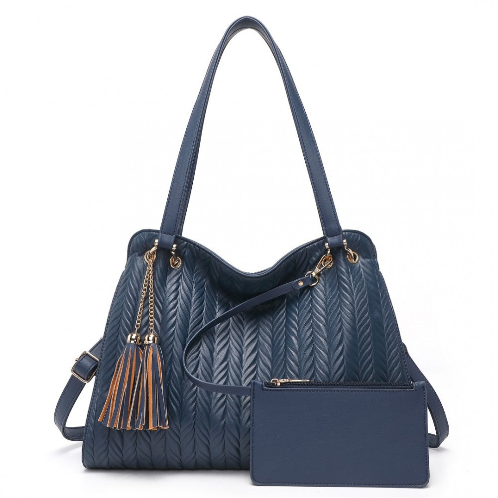 LG2339 - MISS LULU CHIC EMBOSSED TOTE WITH TASSEL DETAIL AND CARD POUCH - NAVY