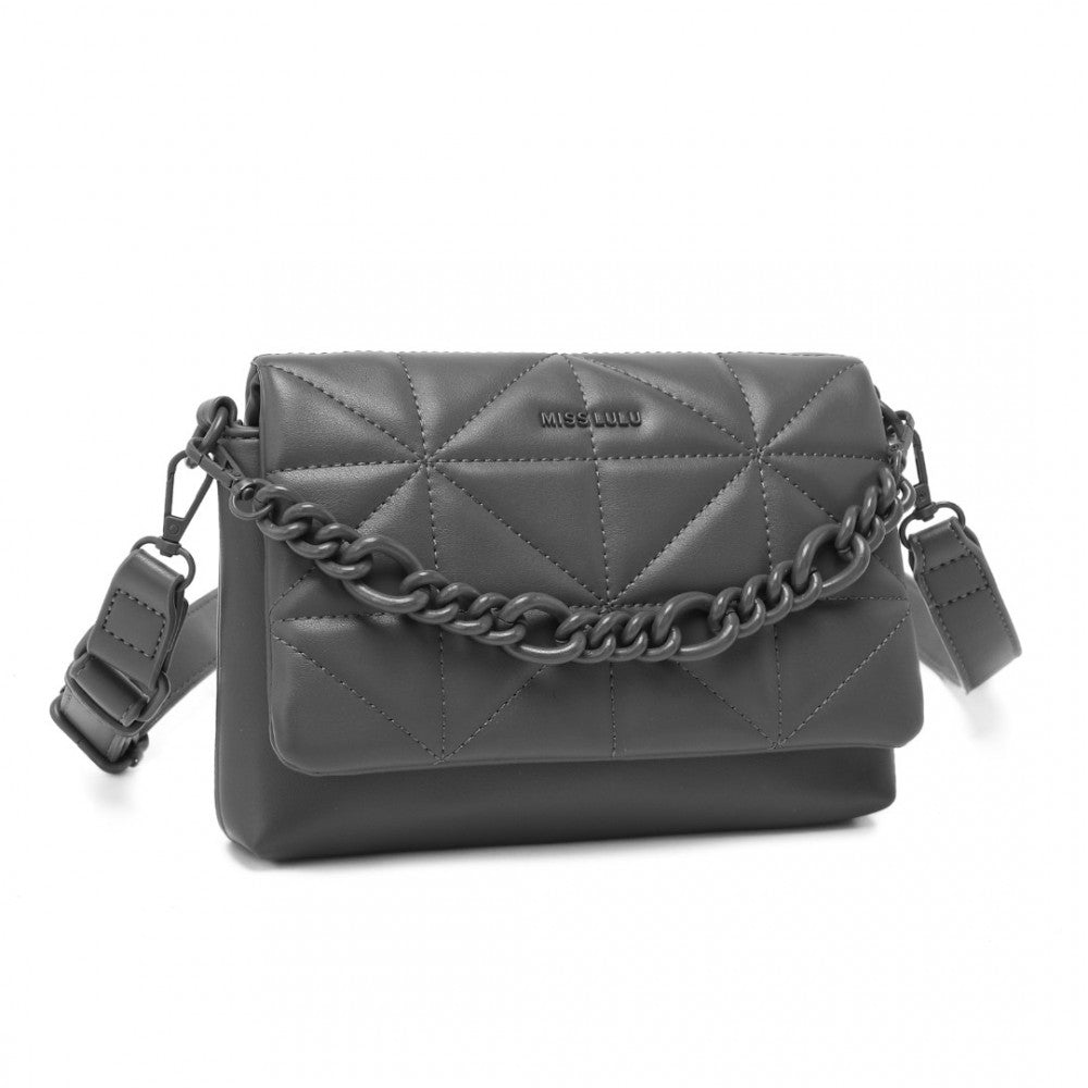 LG2318 - MISS LULU CHIC QUILTED SHOULDER BAG WITH CHAIN STRAP - GREY