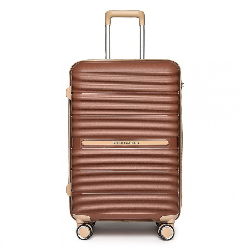 K2392L - BRITISH TRAVELLER 28 INCH MULTI-TEXTURE POLYPROPYLENE HARD SHELL SUITCASE WITH TSA LOCK - BROWN AND APRICOT