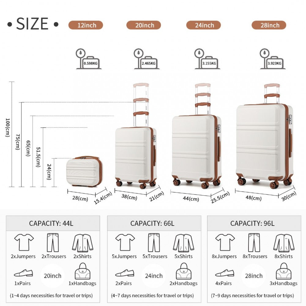 K1871-1L - KONO ABS SCULPTED HORIZONTAL DESIGN 4 PCS SUITCASE SET WITH VANITY CASE - CREAM