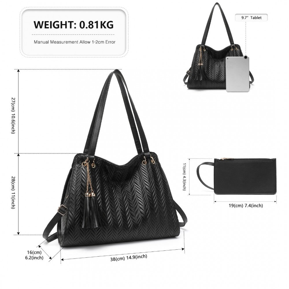 LG2339 - MISS LULU CHIC EMBOSSED TOTE WITH TASSEL DETAIL AND CARD POUCH - BLACK