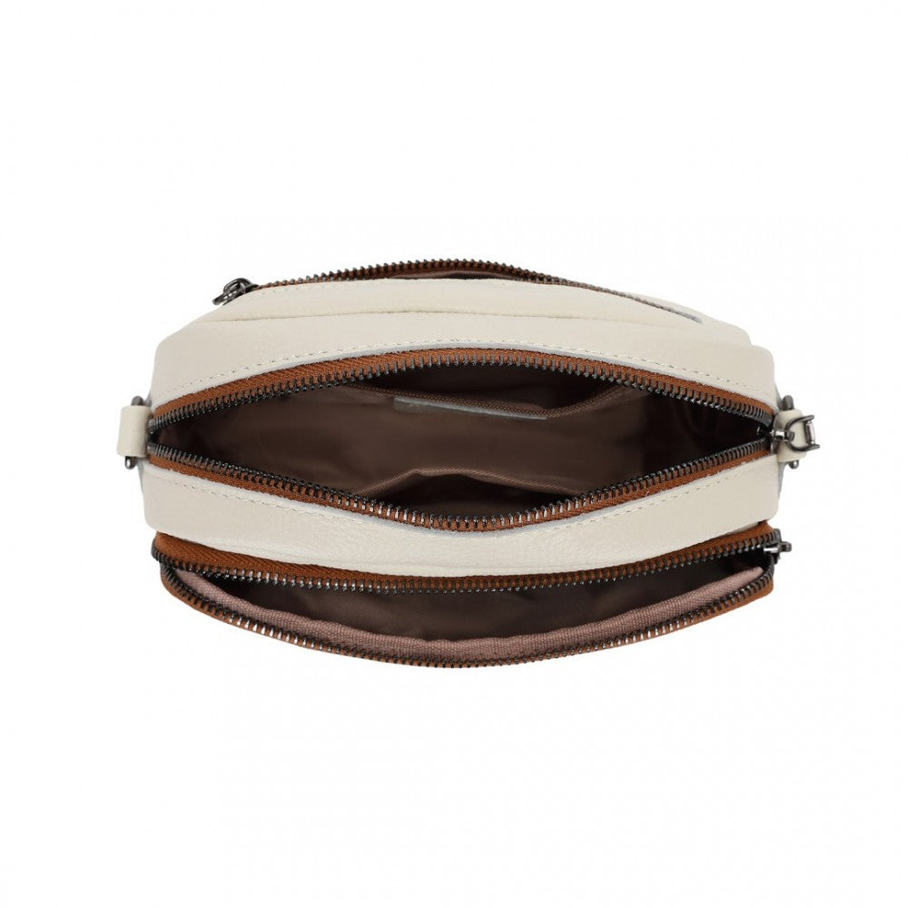 LH2418 - MISS LULU ELEGANT GENUINE LEATHER CROSSBODY SHOULDER BAG WITH JACQUARD WOVEN STRAP - BEIGE AND BROWN