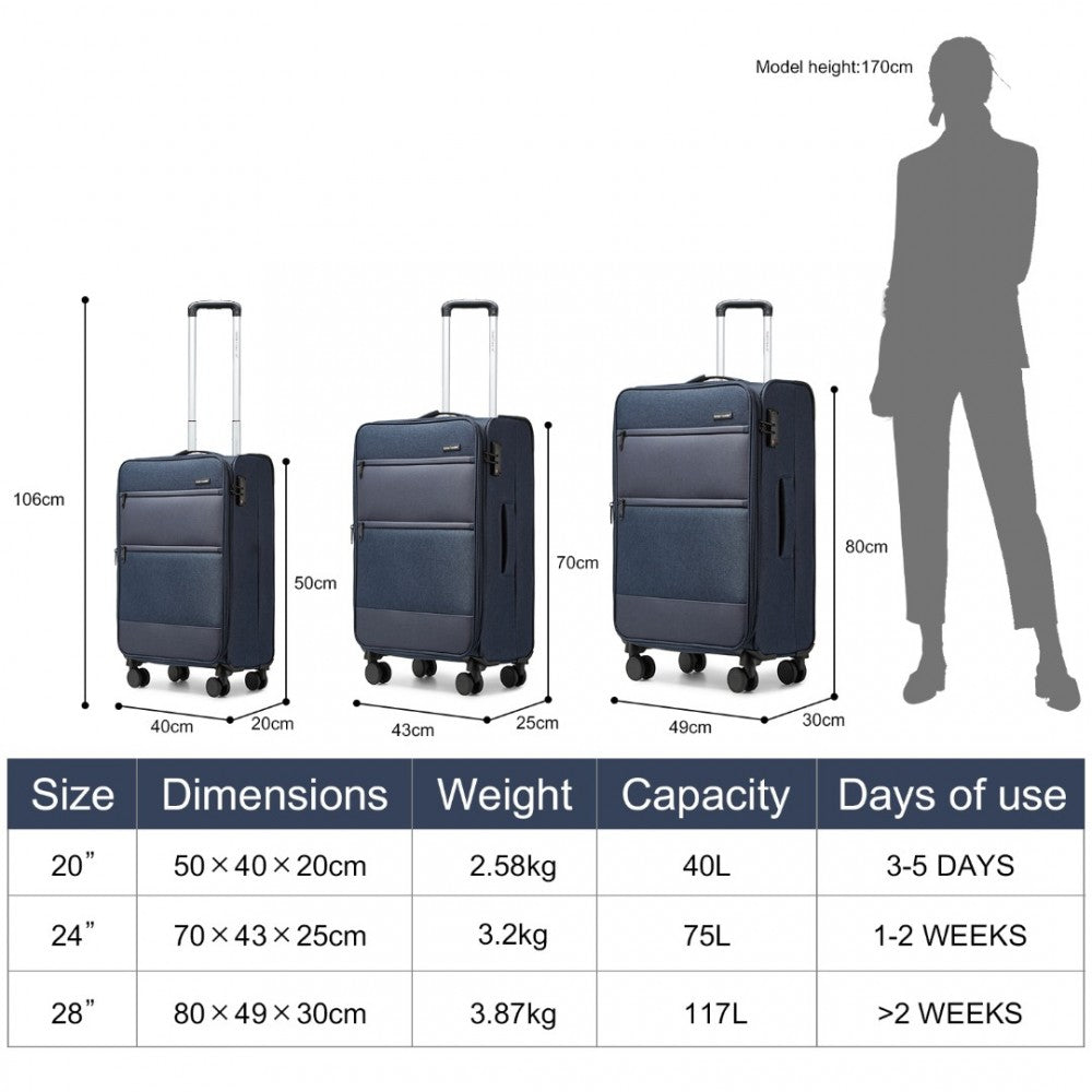 K2397L - BRITISH TRAVELLER 3-PIECE LIGHTWEIGHT SOFT SHELL LUGGAGE SET WITH TSA LOCKS - NAVY