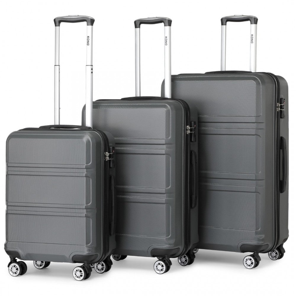 K1871-1L - KONO ABS SCULPTED HORIZONTAL DESIGN 3 PIECE SUITCASE SET - GREY