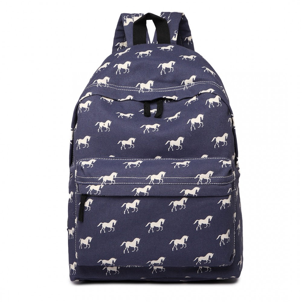 E1401H - MISS LULU HORSE-PRINT COTTON CANVAS SCHOOL BACKPACK - NAVY