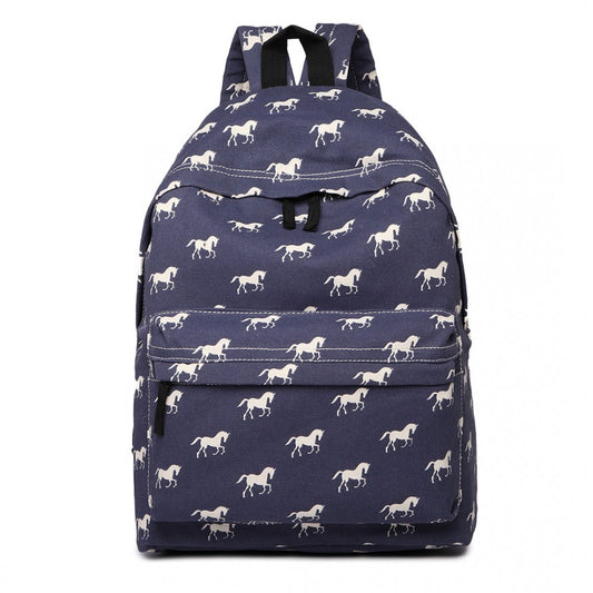 E1401H - MISS LULU HORSE-PRINT COTTON CANVAS SCHOOL BACKPACK - NAVY