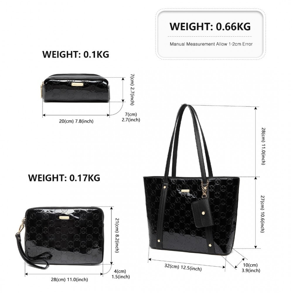 LD2217 - MISS LULU 4 PIECES GLOSSY LEATHER TOTE BAG SET - BLACK