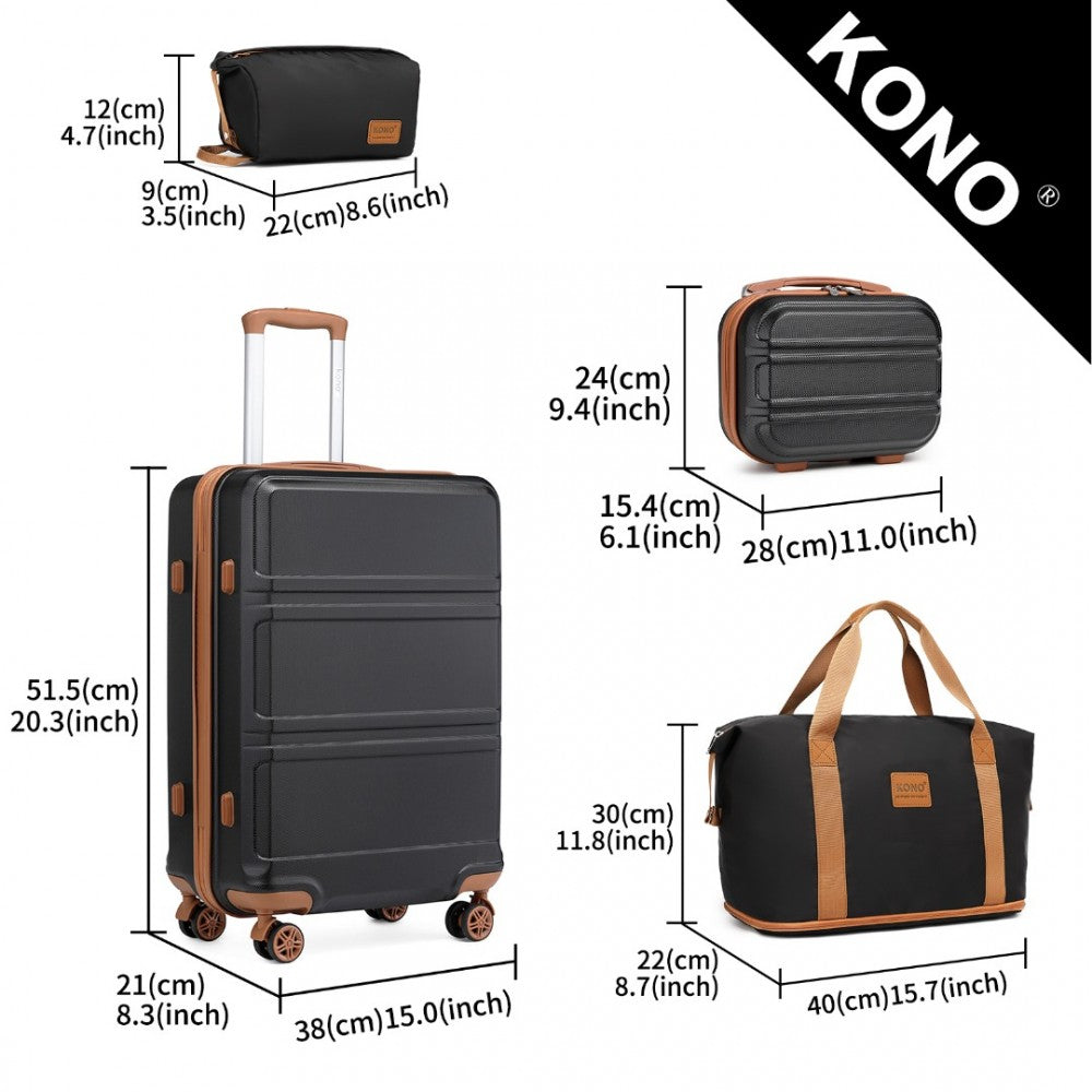 K1871-1L+EA2212 - KONO ABS 4 WHEEL SUITCASE SET WITH VANITY CASE AND WEEKEND BAG AND TOILETRY BAG - BLACK AND BROWN