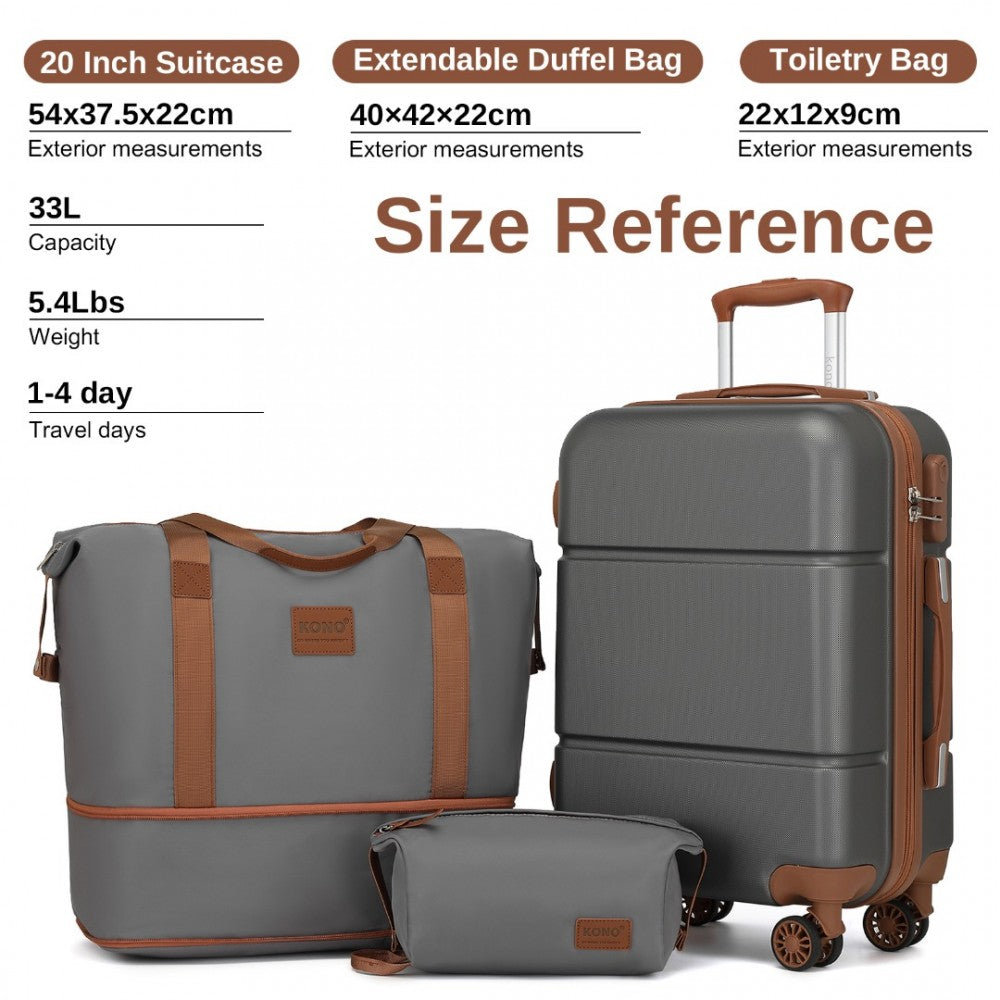 KSK2485+EA2212 - KONO 20 INCH PREMIUM ABS CABIN CARRY-ON SUITCASE SET WITH WEEKEND BAG AND TOILETRY BAG - GREY AND BROWN