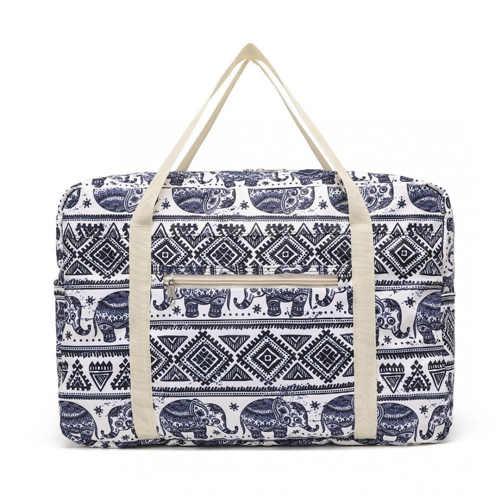 EQ2308E - KONO FOLDABLE WATERPROOF STORAGE CABIN TRAVEL HANDBAG ELEPHANT PRINT - NAVY AND BEIGE