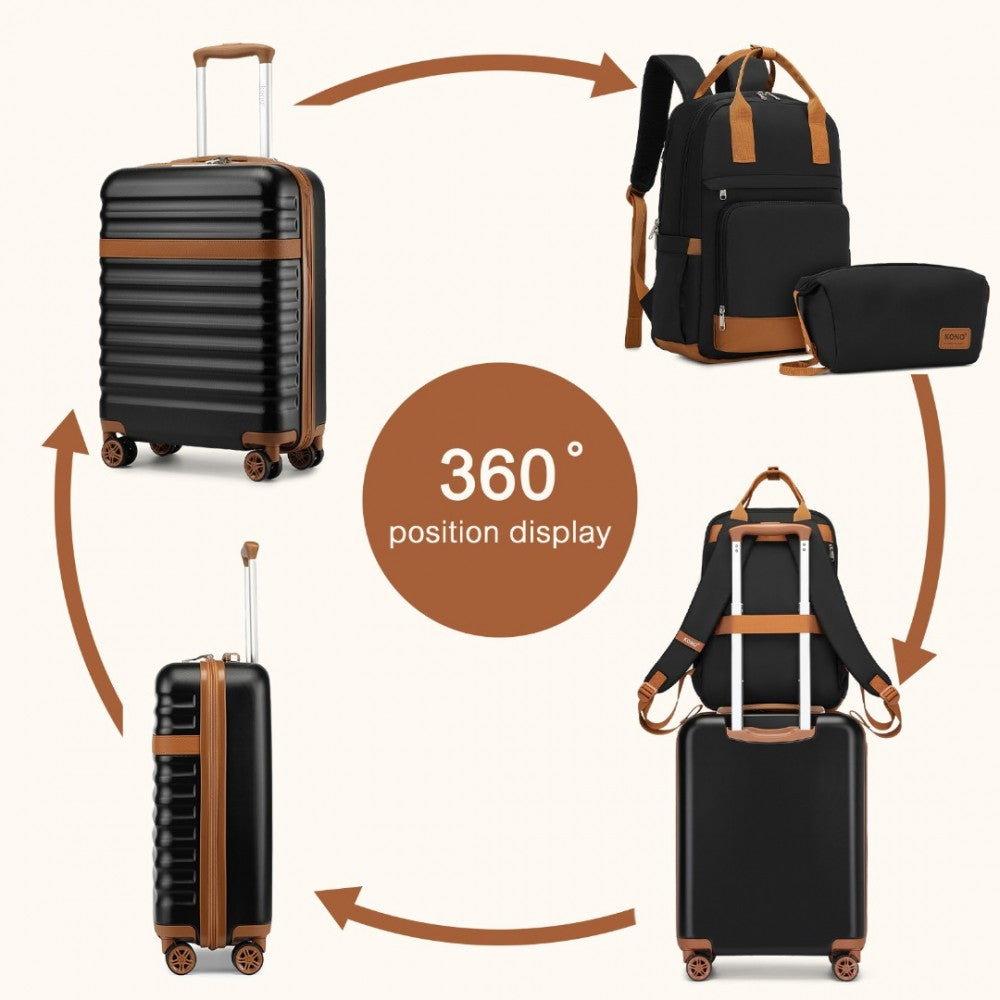 KSK2484+EQ2401 - KONO 20 INCH STYLISH HARD SHELL ABS+PC CABIN SUITCASE INCLUDED MULTI-COMPARTMENT BACKPACK WITH SMALL POUCH 3 PIECE TRAVEL SET - BLACK AND BROWN