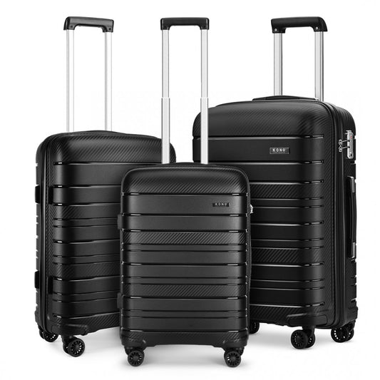 K2091L - KONO MULTI TEXTURE HARD SHELL PP SUITCASE 3 PIECES SET - CLASSIC COLLECTION - BLACK