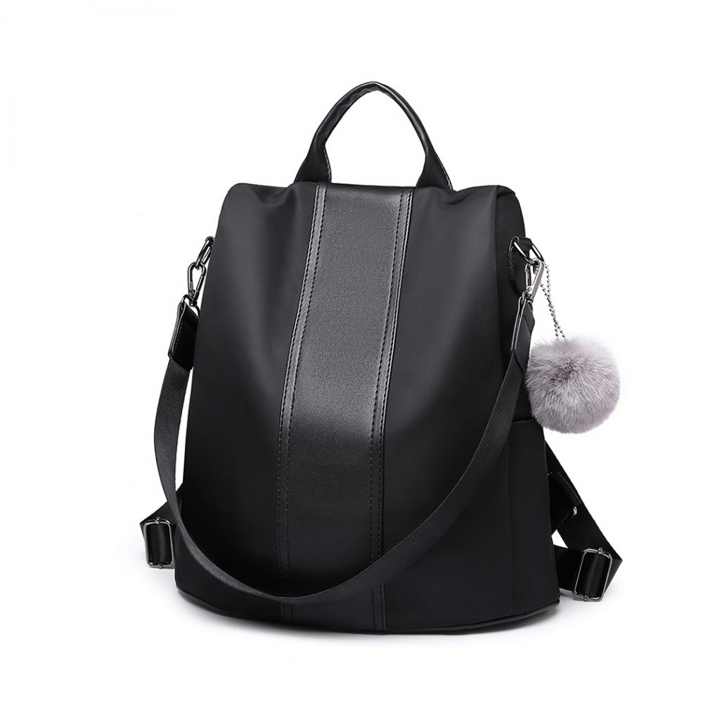 LG1903 - MISS LULU TWO WAY BACKPACK SHOULDER BAG WITH POM POM PENDANT - BLACK