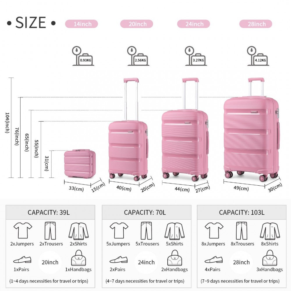 K2092L - KONO BRIGHT HARD SHELL PP SUITCASE WITH TSA LOCK AND VANITY CASE 4 PIECES SET - CLASSIC COLLECTION - PINK