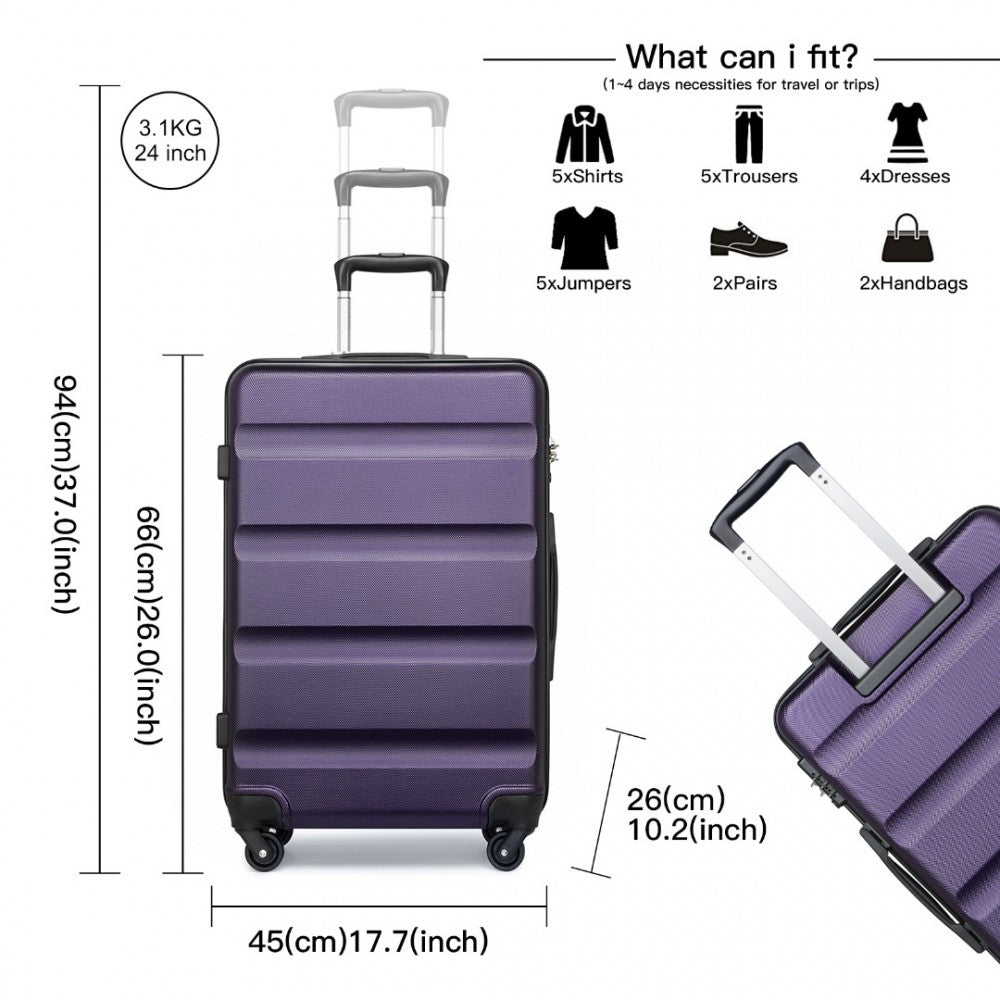 K2191L - KONO 3-PIECE LIGHTWEIGHT ABS HARDSHELL SUITCASE SET - 19, 24, 28 INCH WITH SECURE TSA LOCK - PURPLE