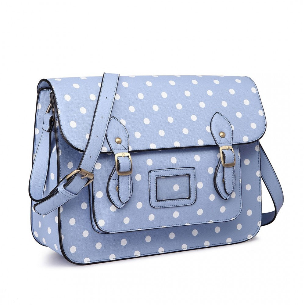 LT1665D2 - MISS LULU POLKA DOT LEATHER LOOK SCHOOL WORK SATCHEL LIGHT BLUE