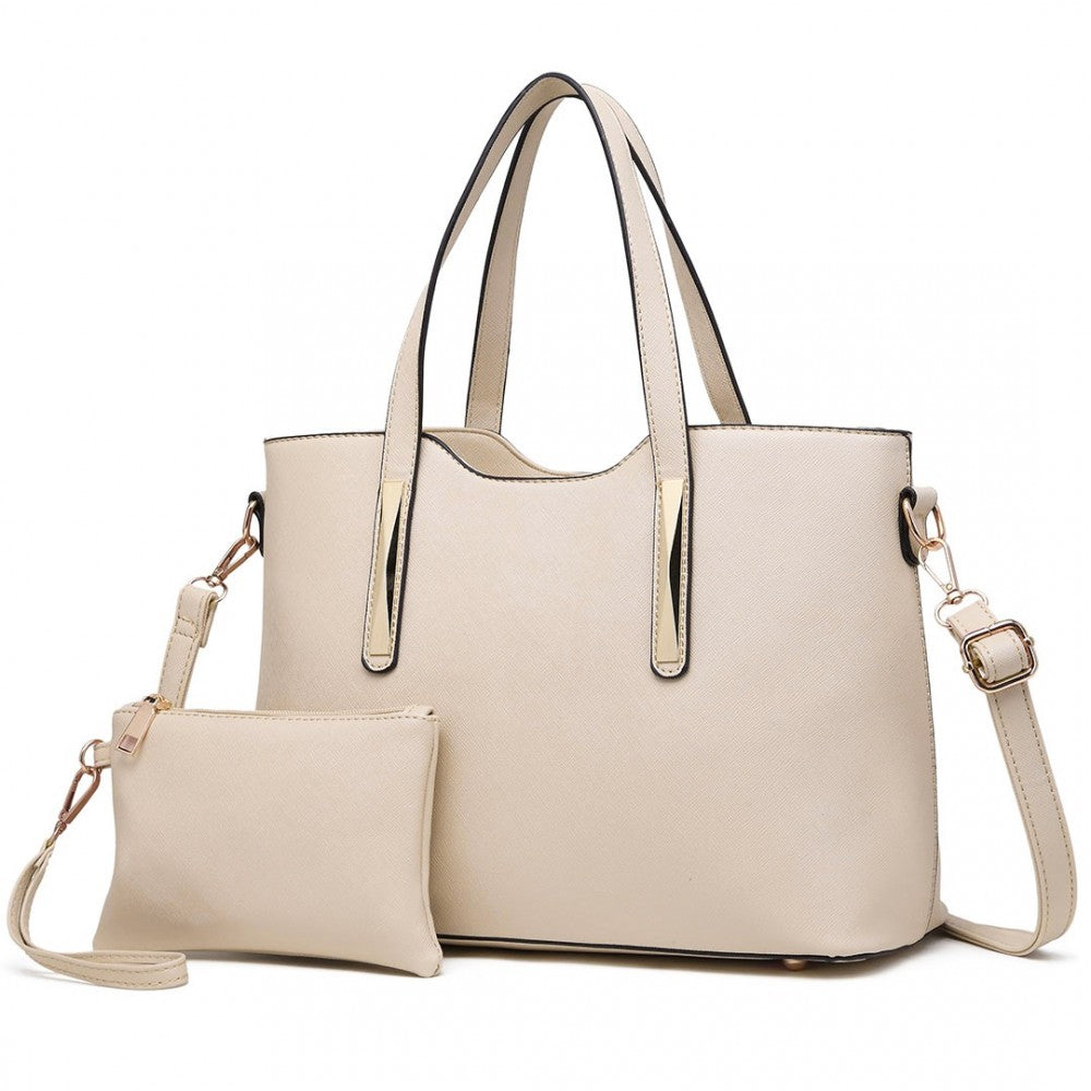 S1719 - MISS LULU PU LEATHER HANDBAG & PURSE - BEIGE