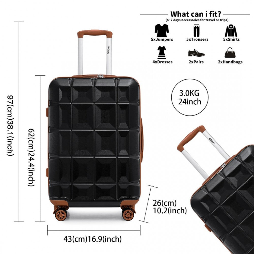 K2292L - KONO 24 INCH LIGHTWEIGHT HARD SHELL ABS SUITCASE WITH TSA LOCK - BLACK AND BROWN