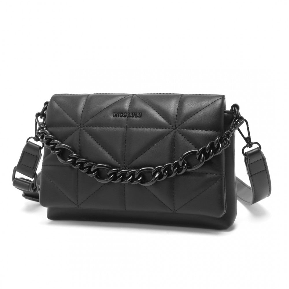 LG2318 - MISS LULU CHIC QUILTED SHOULDER BAG WITH CHAIN STRAP - BLACK