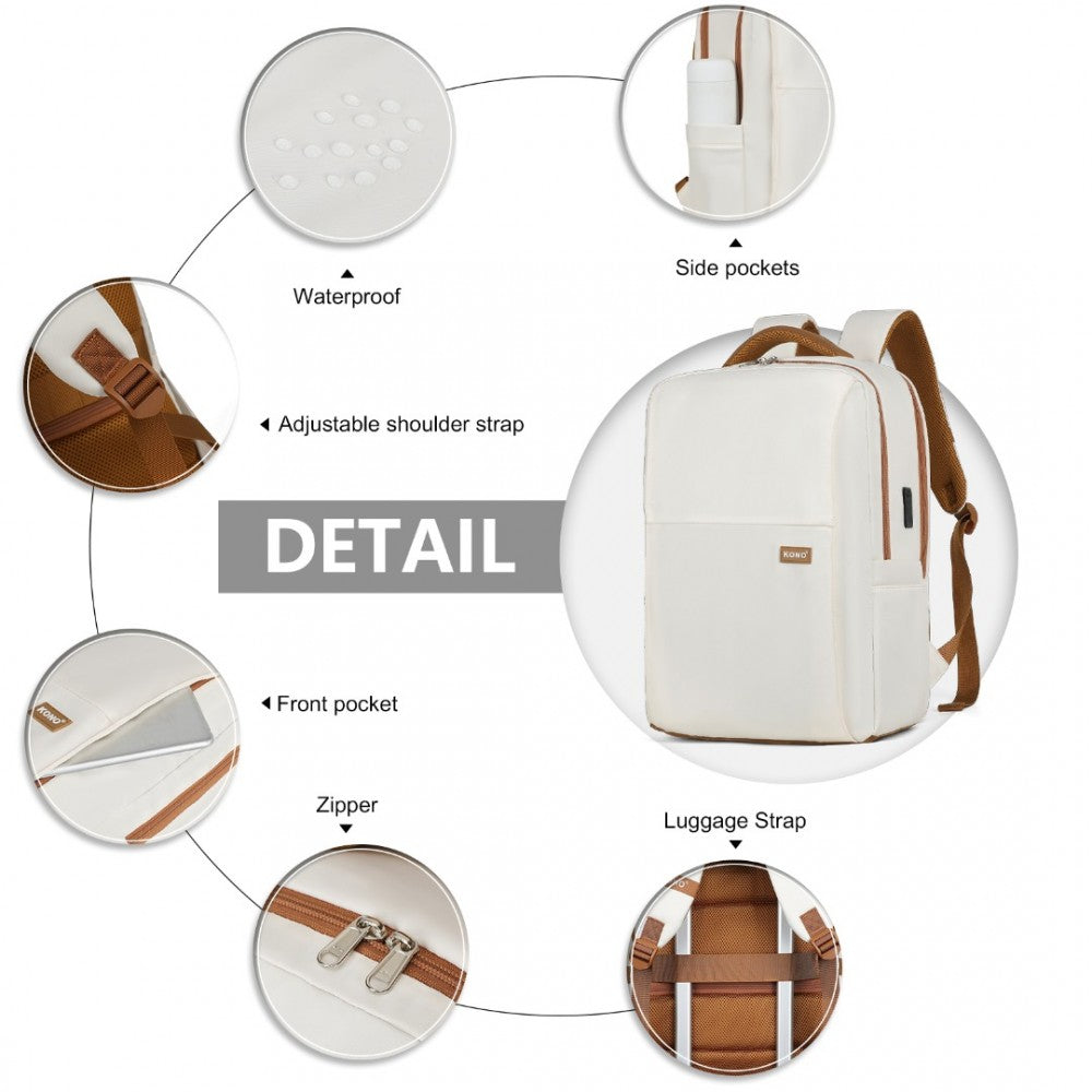 BPK2433 - KONO WATER-RESISTANT LAPTOP BACKPACK WITH USB CHARGING BUSINESS RUCKSACK FOR TRAVEL COMMUTER FEATURES INCLUDES MATCHING POUCH 2 PC SET - CREAM AND BROWN