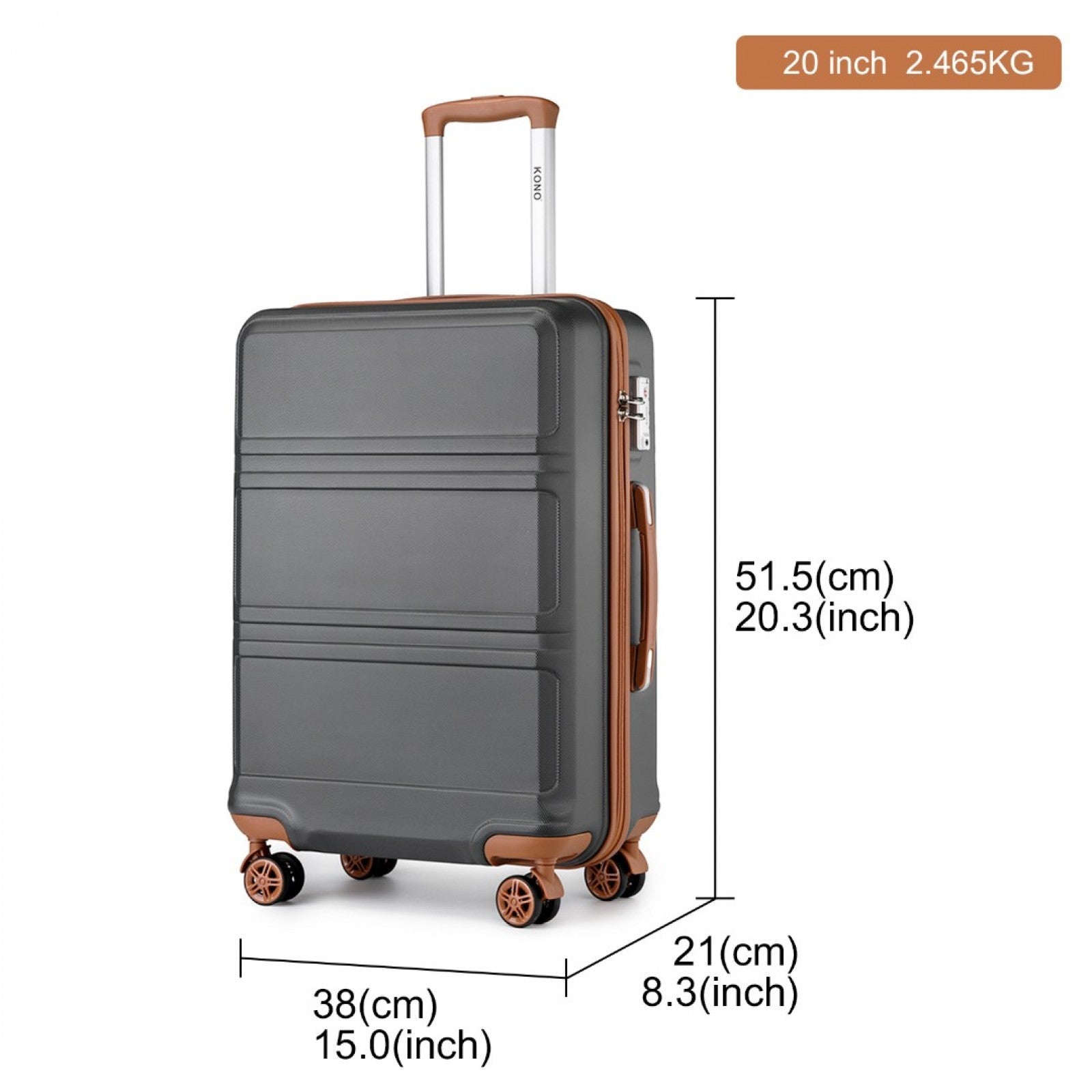 K1871-1L - KONO ABS 20 INCH SCULPTED HORIZONTAL DESIGN CABIN LUGGAGE - GREY AND BROWN - The Baggage Shop