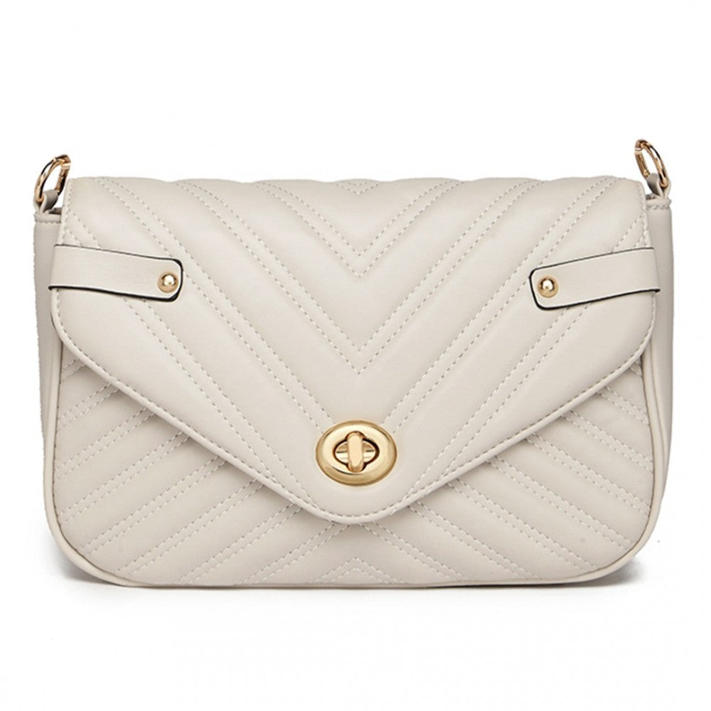 LB2138 - MISS LULU V-QUILTED FLAP LEATHER SHOULDER BAG - GREY