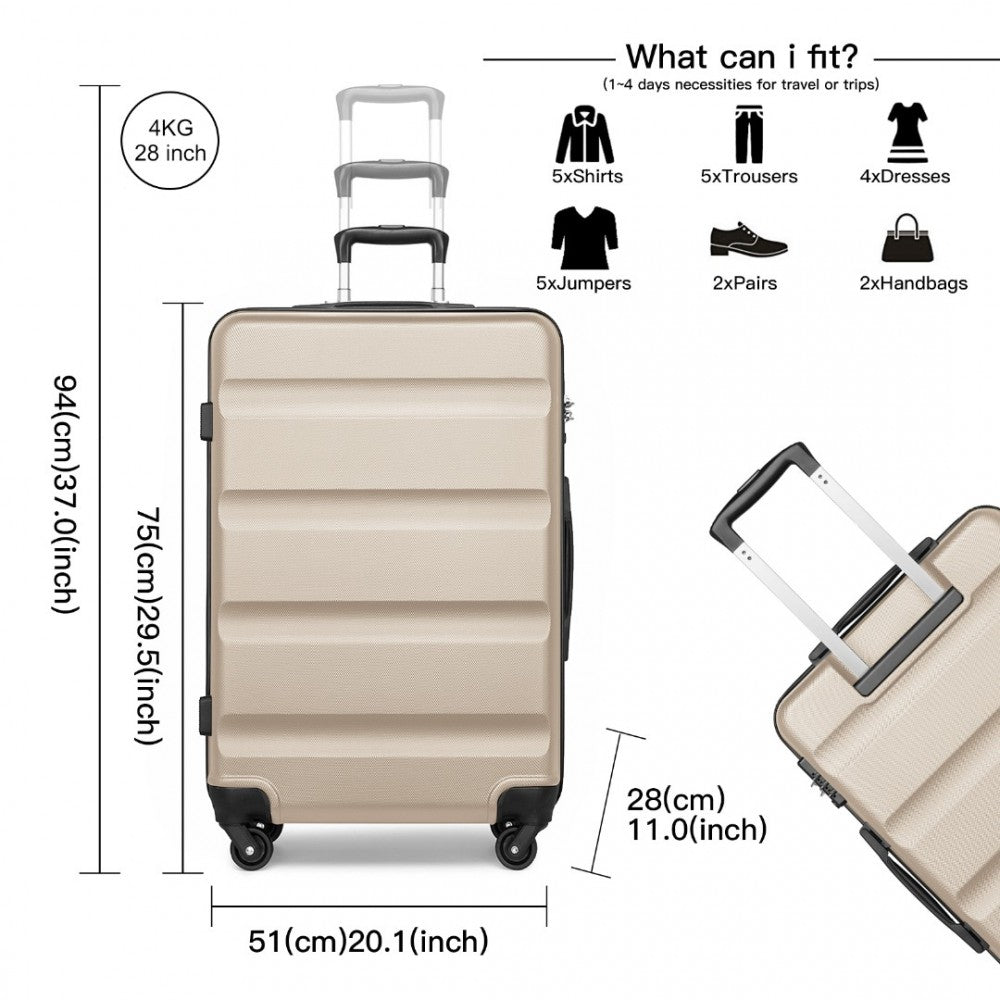 K2191L - KONO 28 INCH CHECK IN LUGGAGE - STREAMLINED ABS HARDSHELL SUITCASE WITH SECURE TSA LOCK - GOLD