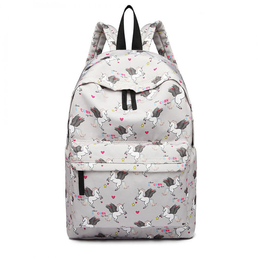 E1401 UN - MISS LULU LARGE BACKPACK UNICORN PRINT - GREY