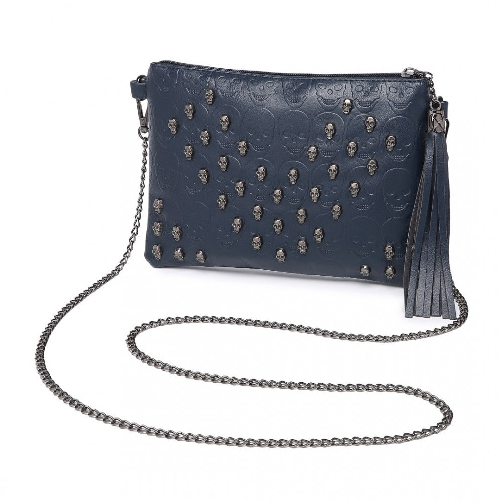 LH2412 - MISS LULU SOFT PU ULTRA-LIGHTWEIGHT CLUTCH BAG WITH SKULL EMBOSSING TASSEL DETAIL AND LONG CHAIN SHOULDER STRAP - NAVY