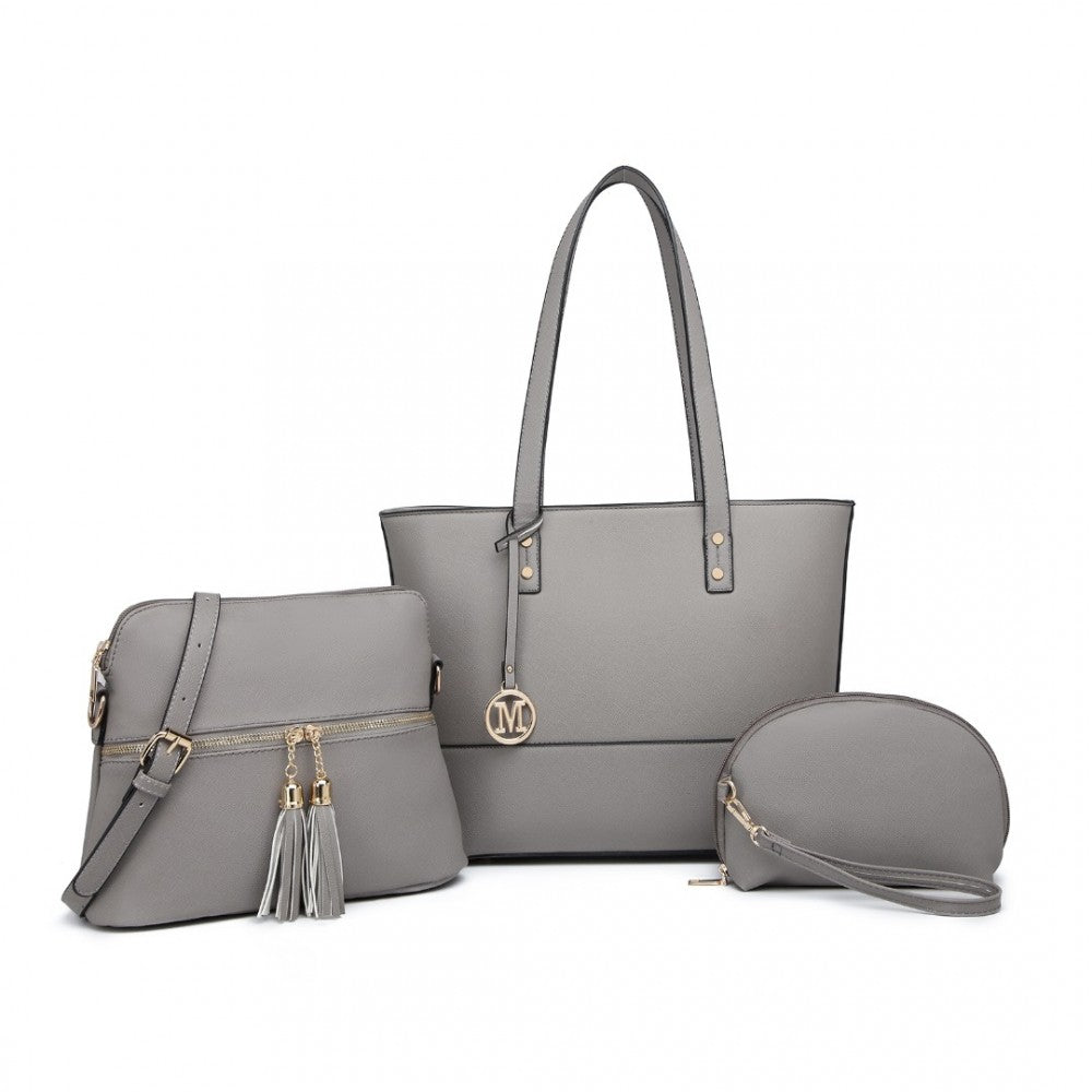 LG2023 - MISS LULU 3 PIECE LEATHER LOOK TOTE BAG SET - GREY