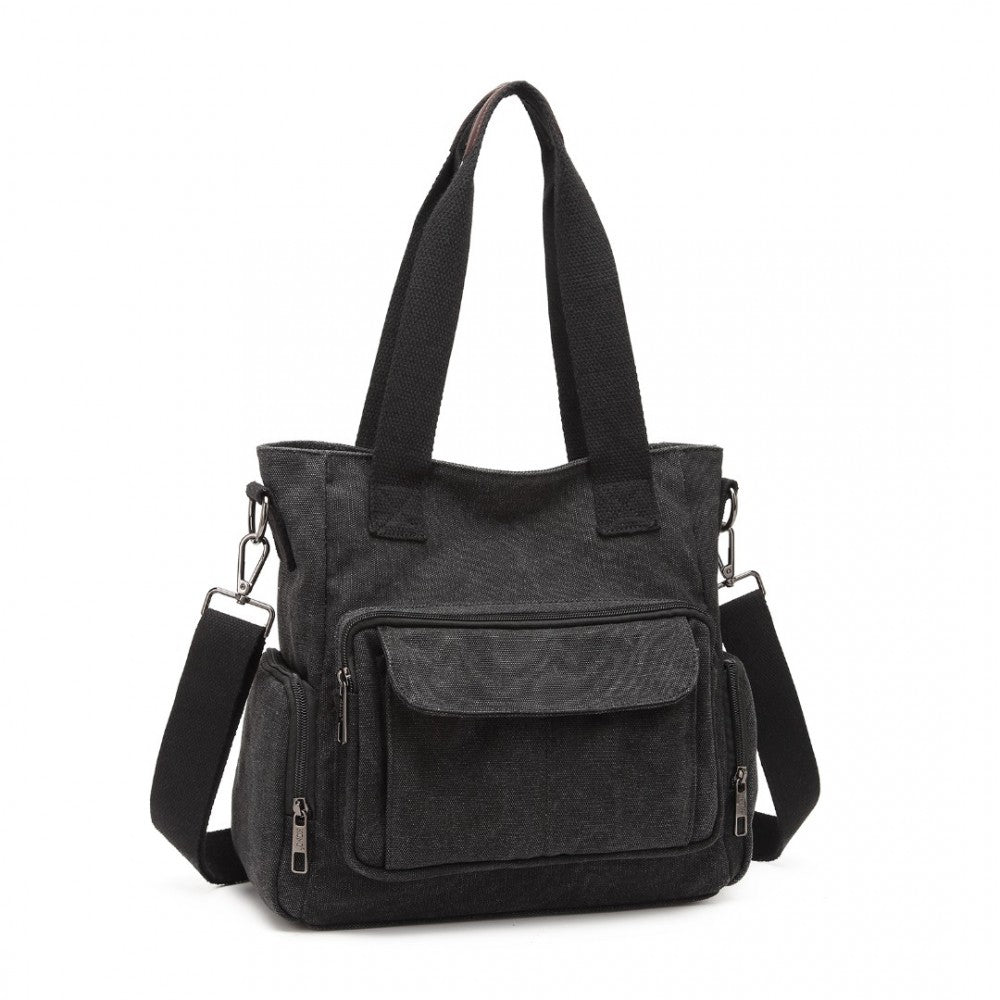 EB2125 - KONO LARGE CAPACITY MULTI COMPARTMENT CANVAS CROSSBODY TOTE BAG - BLACK