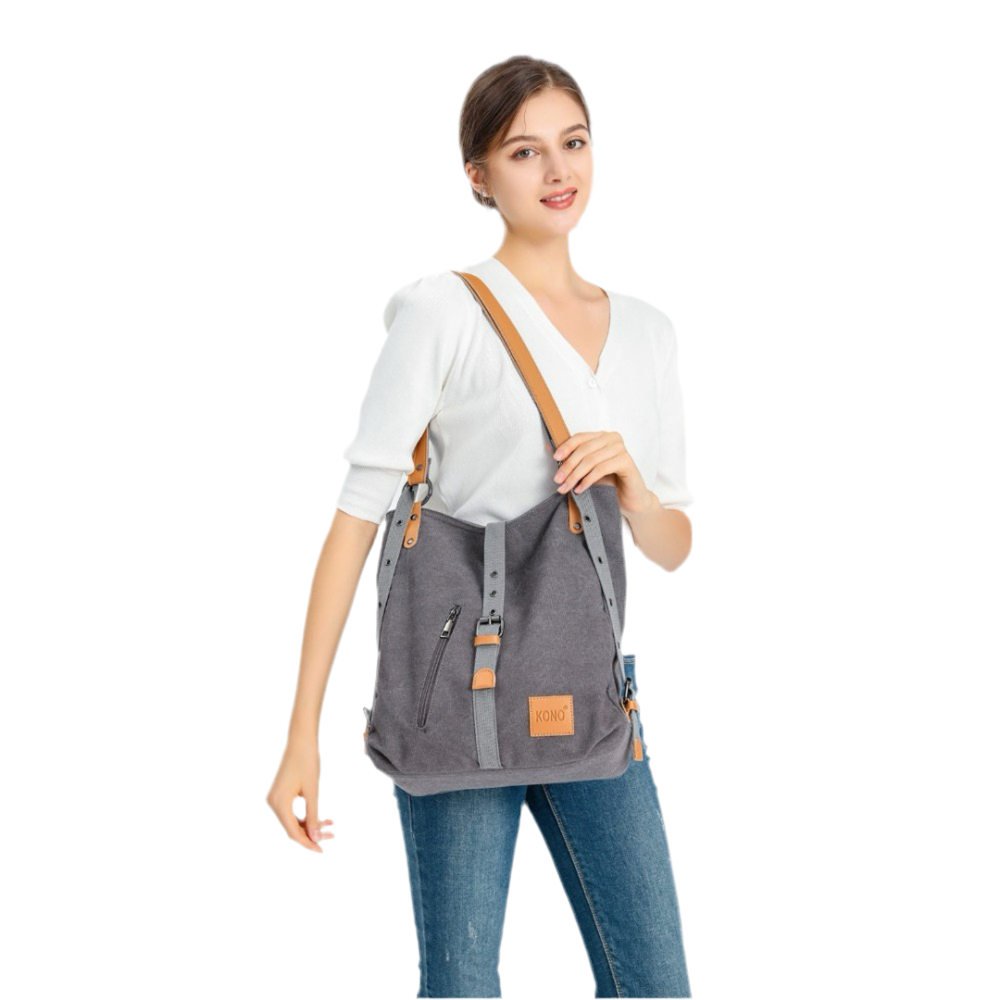 E6850 - KONO CANVAS HOBO SLOUCH SHOULDER BAG AND BACKPACK - GREY