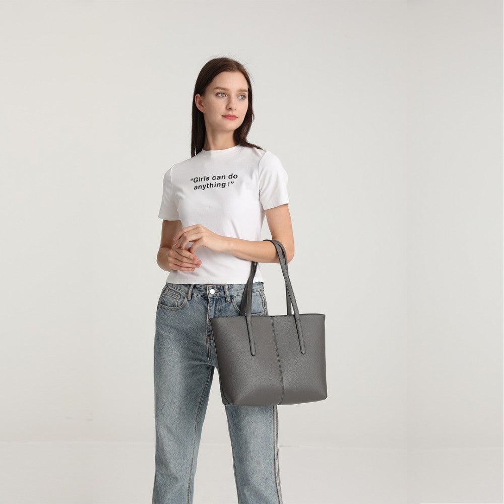 LG2062 - MISS LULU LEATHER LOOK SIMPLE CASUAL TOTE BAG - GREY