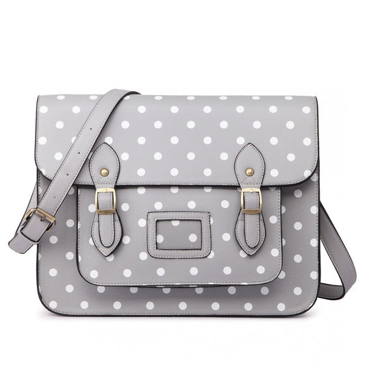 LT1665D2 - MISS LULU POLKA DOT LEATHER LOOK SCHOOL WORK SATCHEL GREY