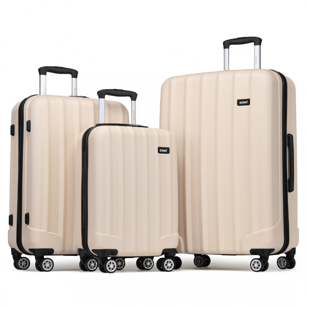 K1773-1L - KONO 19/24/28 INCH 3 PIECE SET VALIZE DIN ABS CU CARCASĂ DURĂ STRIATĂ ȘI ROȚI SPINNING LA 360 DEGRADE - BEIGE