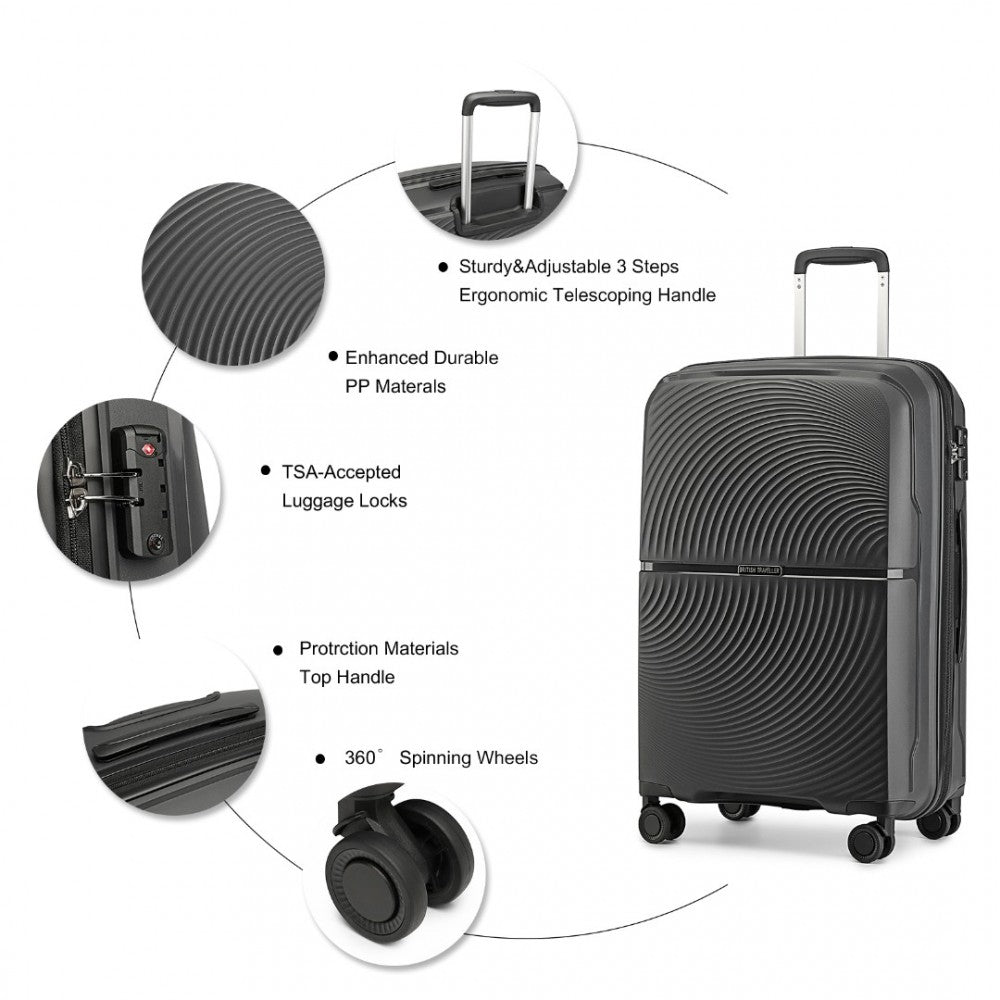 K2393L - BRITISH TRAVELLER 4 PCS SET SPINNER HARD SHELL PP SUITCASE WITH TSA LOCK AND VANITY CASE - BLACK