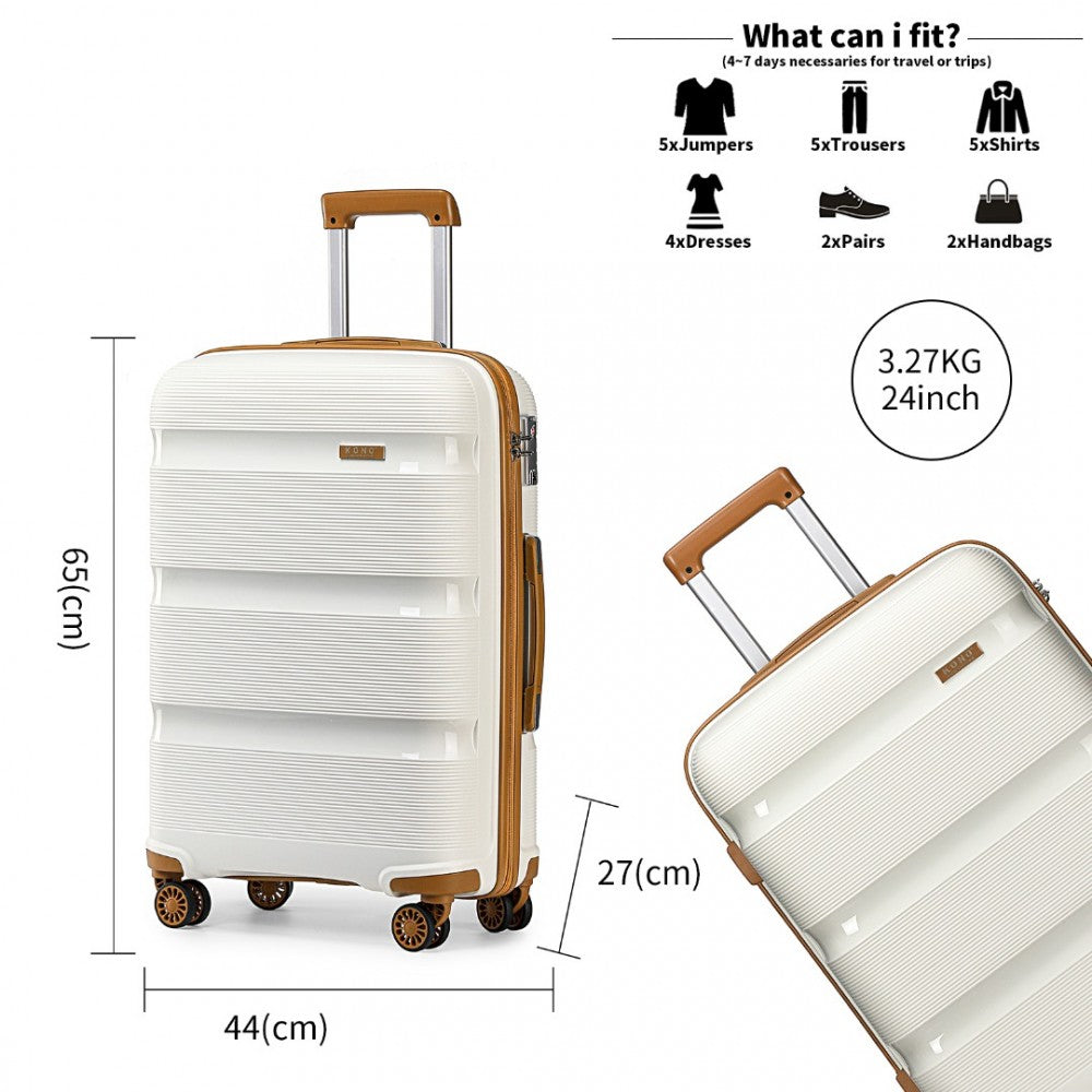 K2092L - KONO 24 INCH BRIGHT HARD SHELL PP SUITCASE - CLASSIC COLLECTION - CREAM