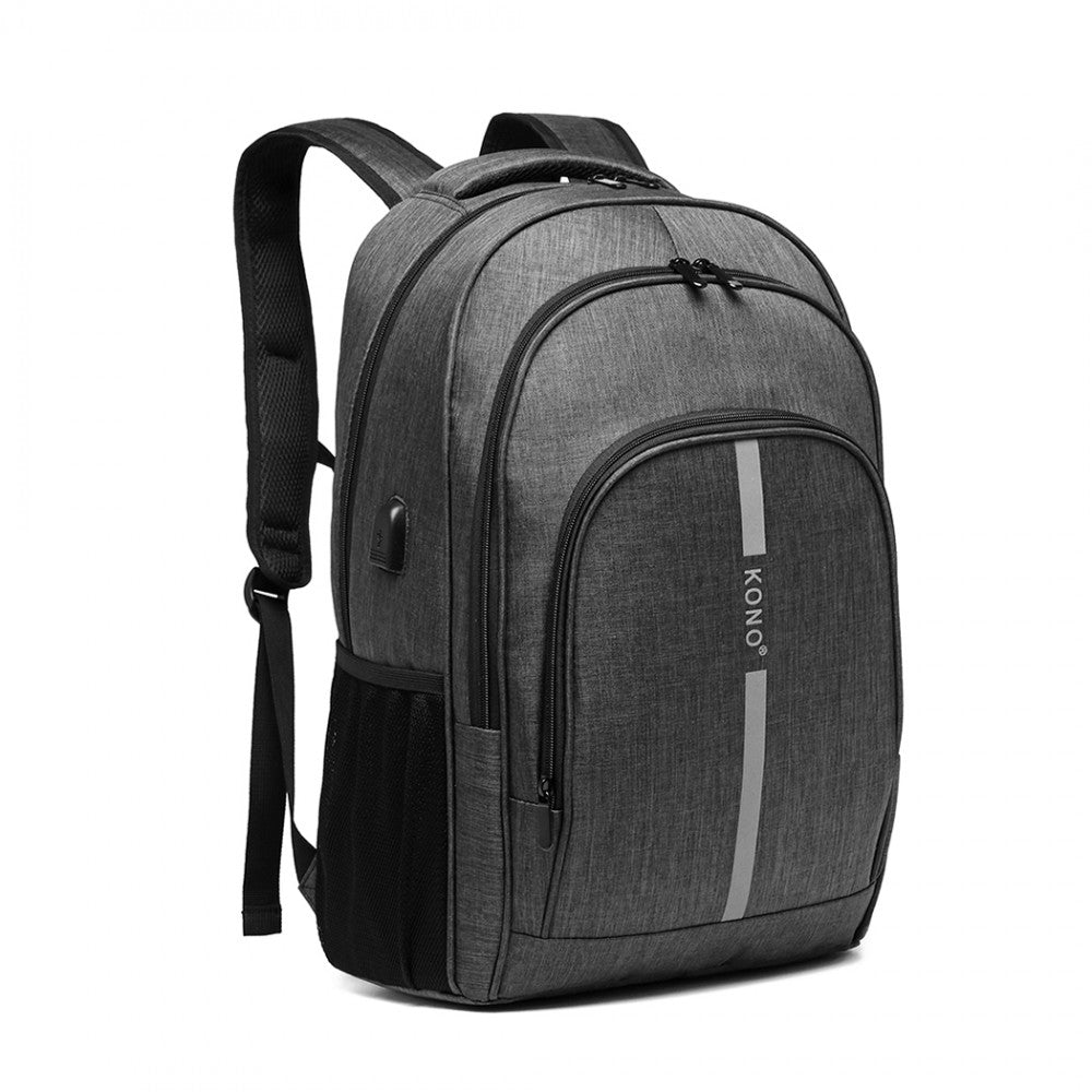 E1972 - KONO LARGE BACKPACK WITH REFLECTIVE STRIPE AND USB CHARGING INTERFACE - GREY