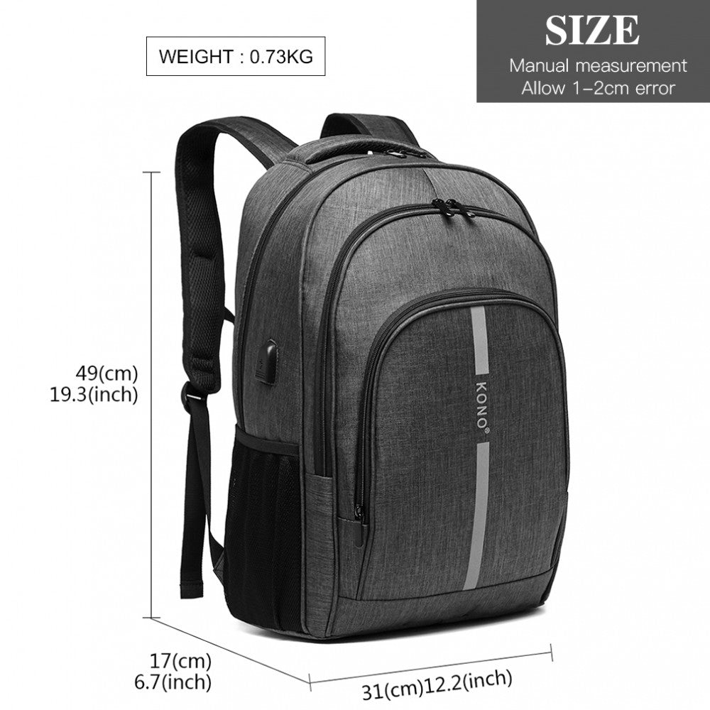 E1972 - KONO LARGE BACKPACK WITH REFLECTIVE STRIPE AND USB CHARGING INTERFACE - GREY