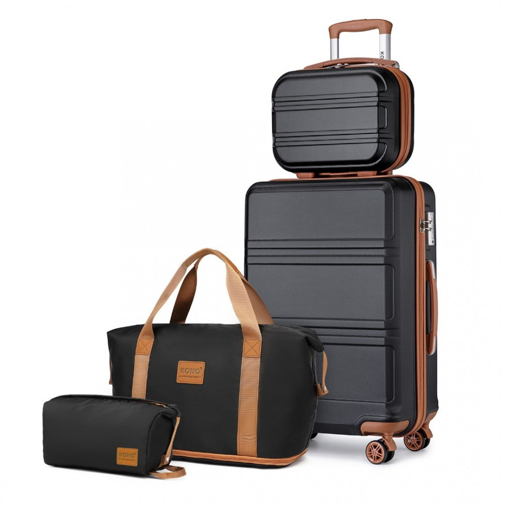 K1871-1L+EA2212 - KONO ABS 4 WHEEL SUITCASE SET WITH VANITY CASE AND WEEKEND BAG AND TOILETRY BAG - BLACK AND BROWN