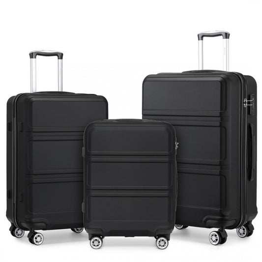 K1871-1L - KONO ABS SCULPTED HORIZONTAL DESIGN 3 PIECE SUITCASE SET - BLACK