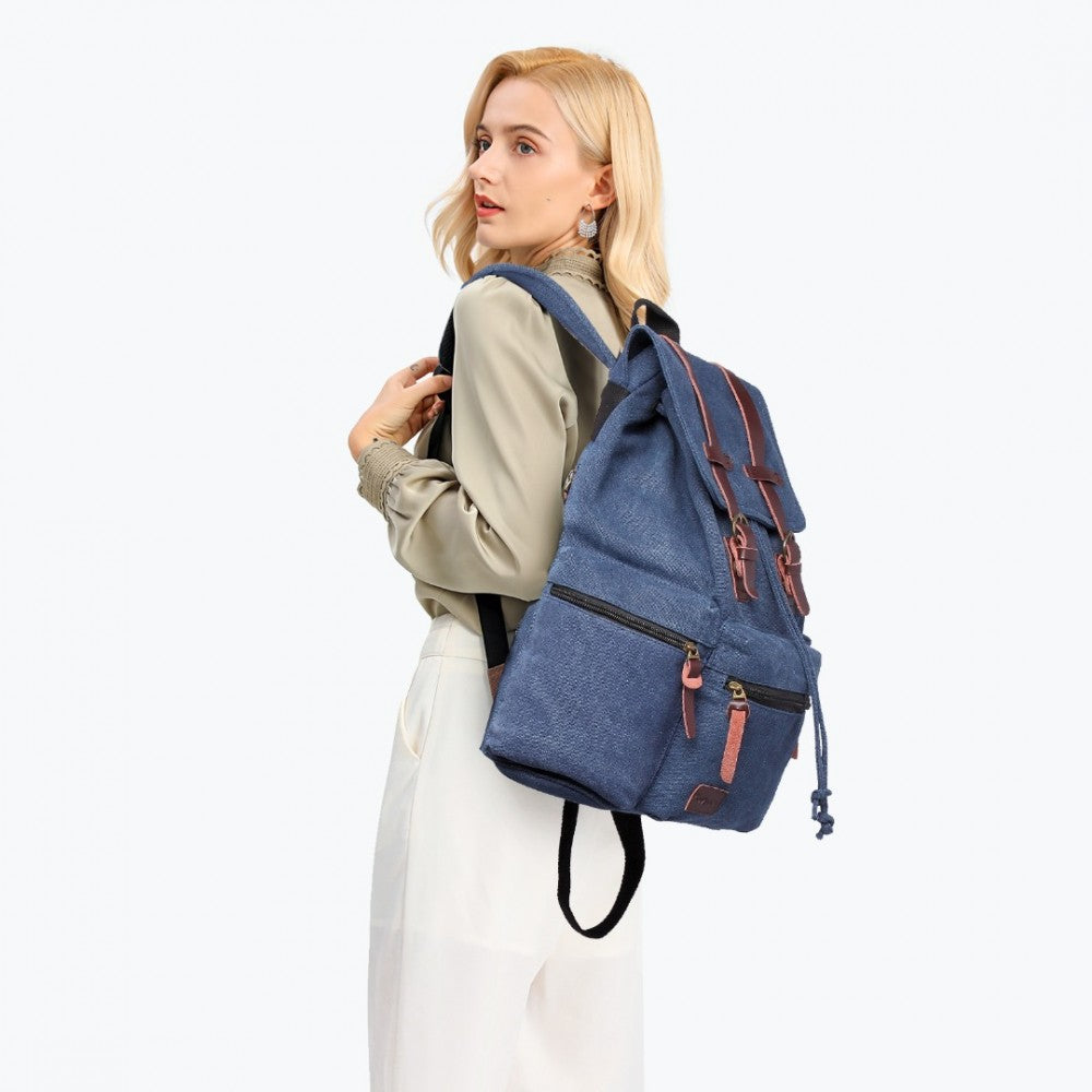 E1672 - KONO LARGE MULTI FUNCTION LEATHER DETAILS CANVAS BACKPACK - BLUE