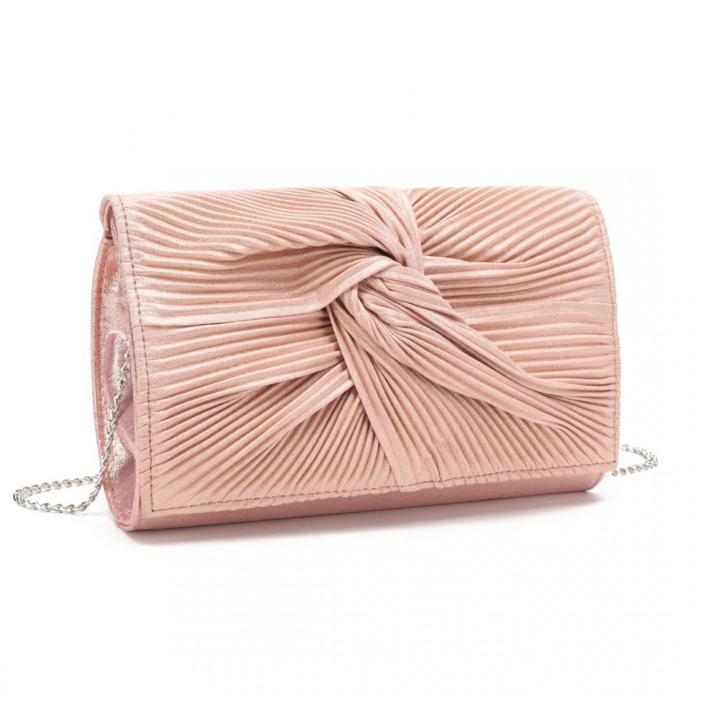 LH2252 - MISS LULU WOMEN'S PLEATED BOW EVENING BAG CLUTCH HANDBAG - a PINK