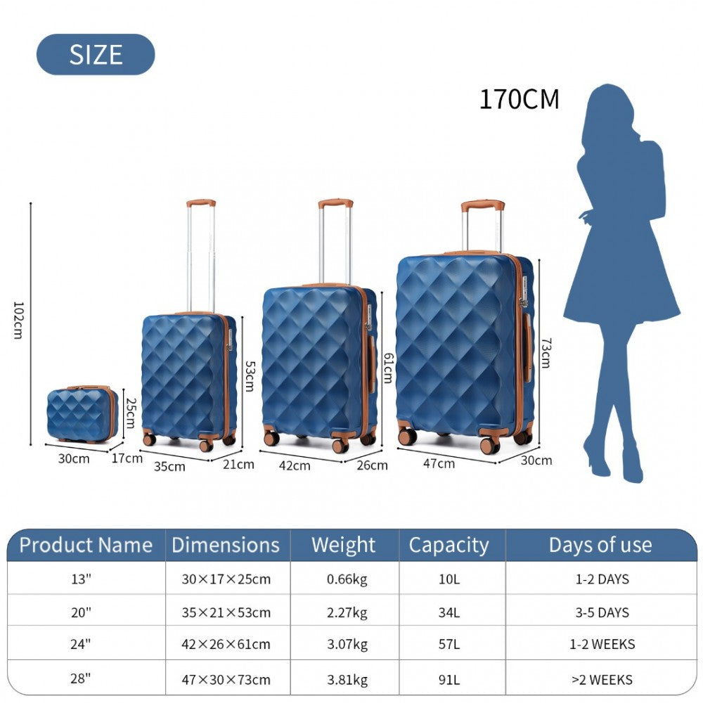 K2395L - BRITISH TRAVELLER ULTRALIGHT ABS AND POLYCARBONATE BUMPY DIAMOND 4 PCS LUGGAGE SET WITH TSA LOCK - NAVY AND BROWN