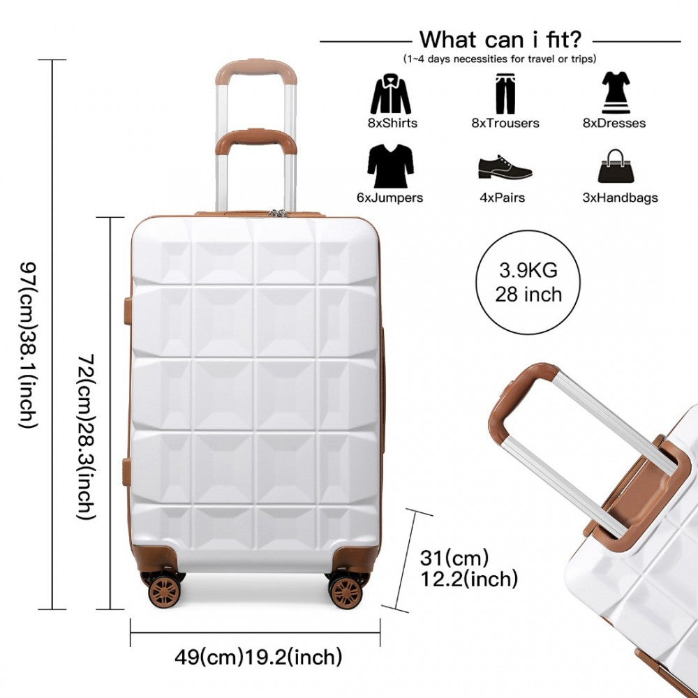 K2292L - KONO 28 INCH LIGHTWEIGHT HARD SHELL ABS SUITCASE WITH TSA LOCK - WHITE