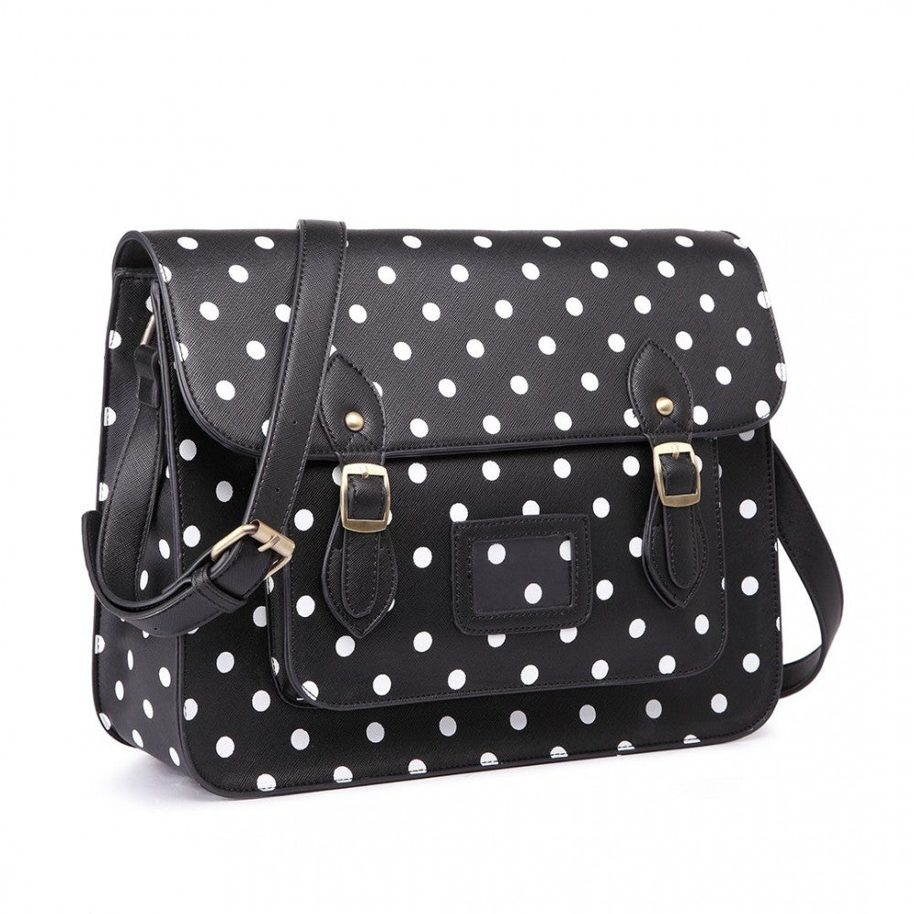 LT1665D2 - MISS LULU POLKA DOT LEATHER LOOK SCHOOL WORK SATCHEL BLACK