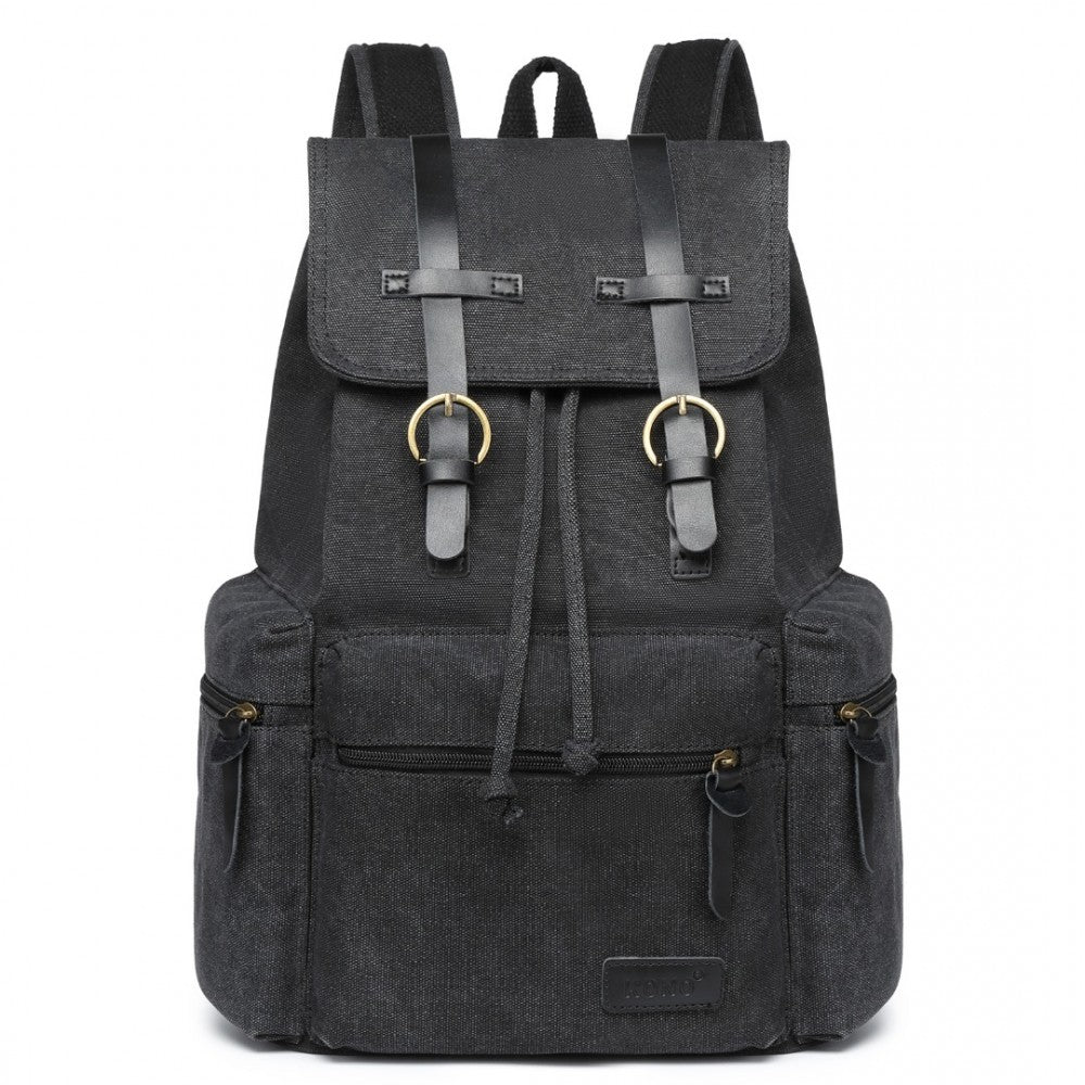 E1672 - KONO LARGE MULTI FUNCTION LEATHER DETAILS CANVAS BACKPACK - BLACK