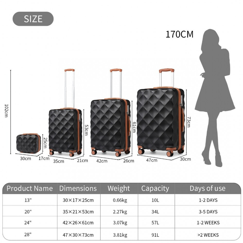 K2395L - SET DE VALIZE BRITISH TRAVELLER ULTRALIGHT DIN ABS ȘI POLICARBONAT CU DIAMANTE BUMPY 4 PCS CU ÎNCHIDERE TSA - NEGRU ȘI MARO