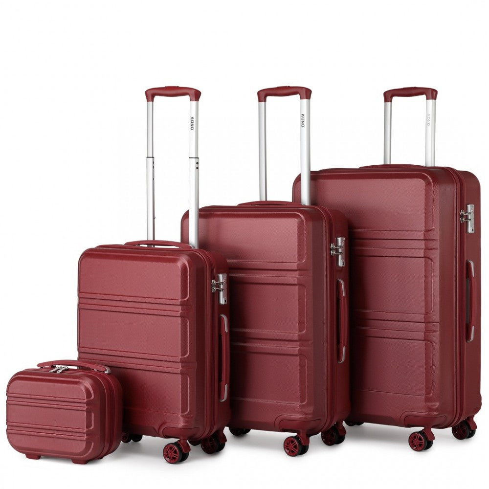 K1871-1L - KONO ABS SCULPTED HORIZONTAL DESIGN 4 PCS SUITCASE SET WITH VANITY CASE - BURGUNDY